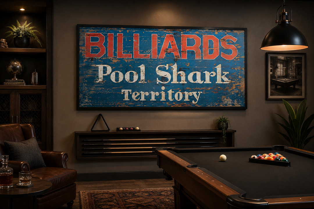 Vintage Billiards Sign with Pool Shark Territory text on a blue distressed background in a game room