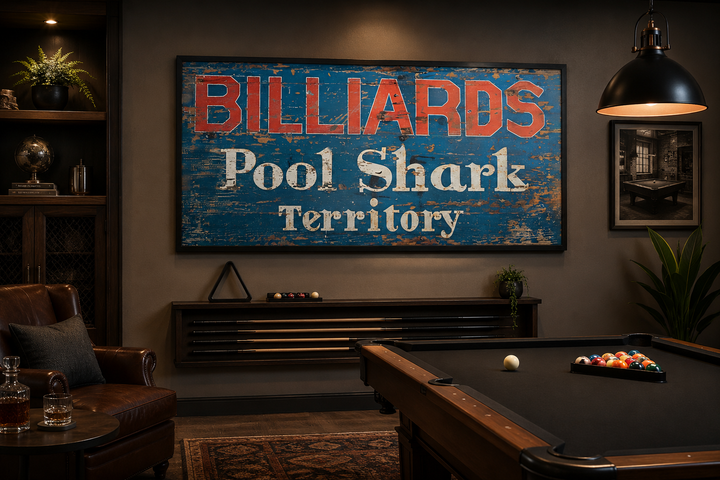 Vintage Billiards Sign with Pool Shark Territory text on a blue distressed background in a game room