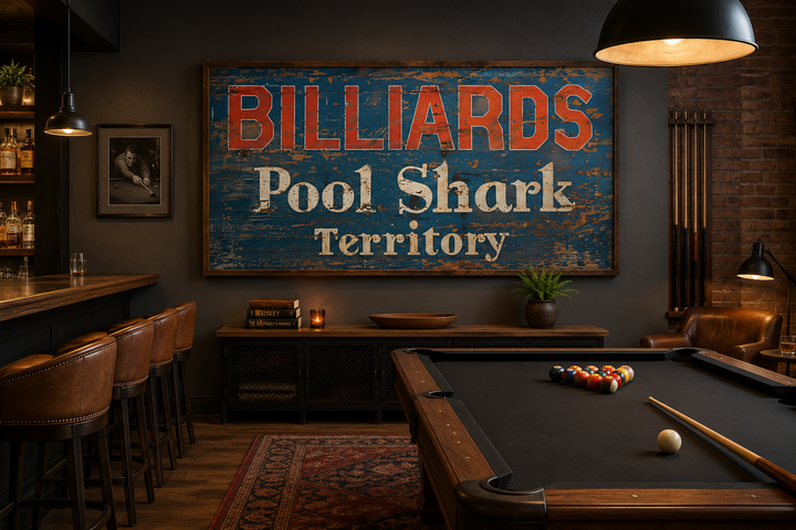 Vintage Billiards Pool Shark Territory sign on a dark wall in a rustic game room with a pool table.