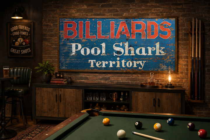 Vintage Billiards Pool Shark Territory sign on a brick wall above a pool table in a game room.