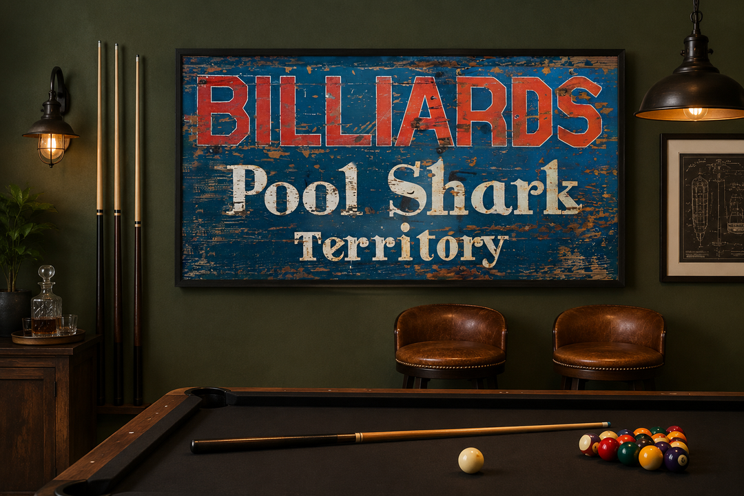 Vintage Billiards Pool Shark Territory sign on a dark green wall above a pool table.