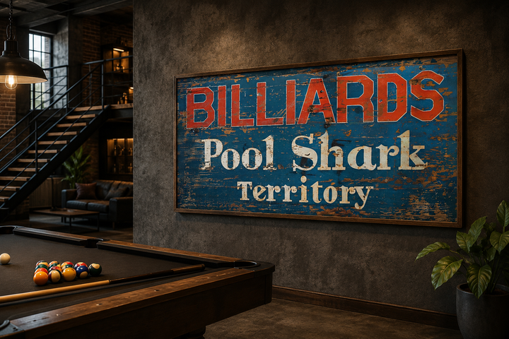 Vintage Billiards Sign with Pool Shark Territory text on a dark wall above a pool table.