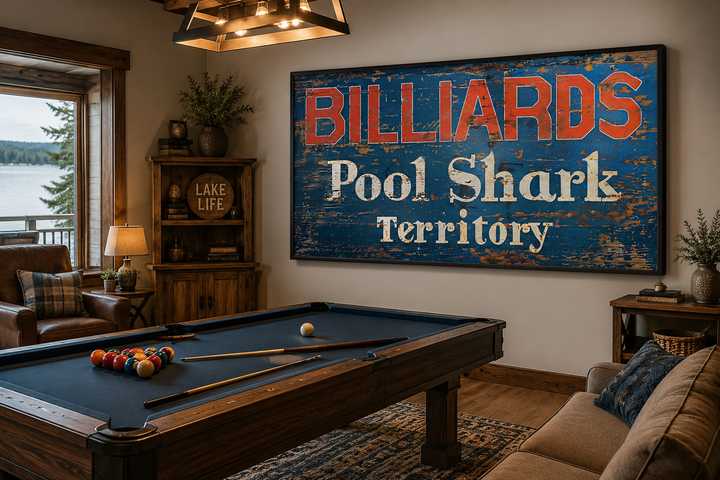 Vintage Billiards Sign with Pool Shark Territory text on a large canvas in a rustic game room.