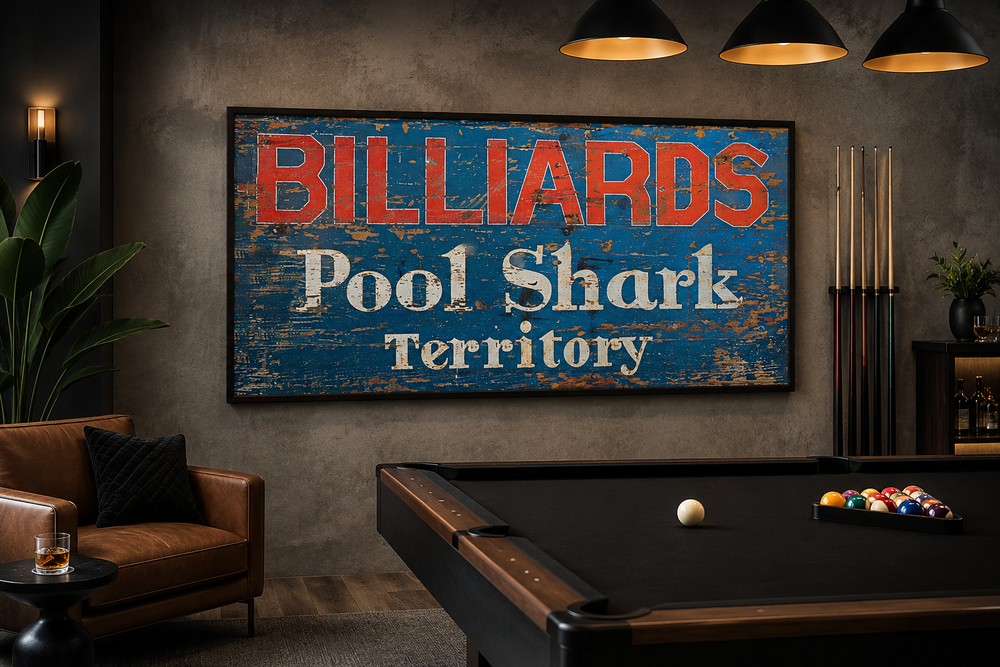 Vintage Billiards Sign with Pool Shark Territory text on a distressed blue background in a game room