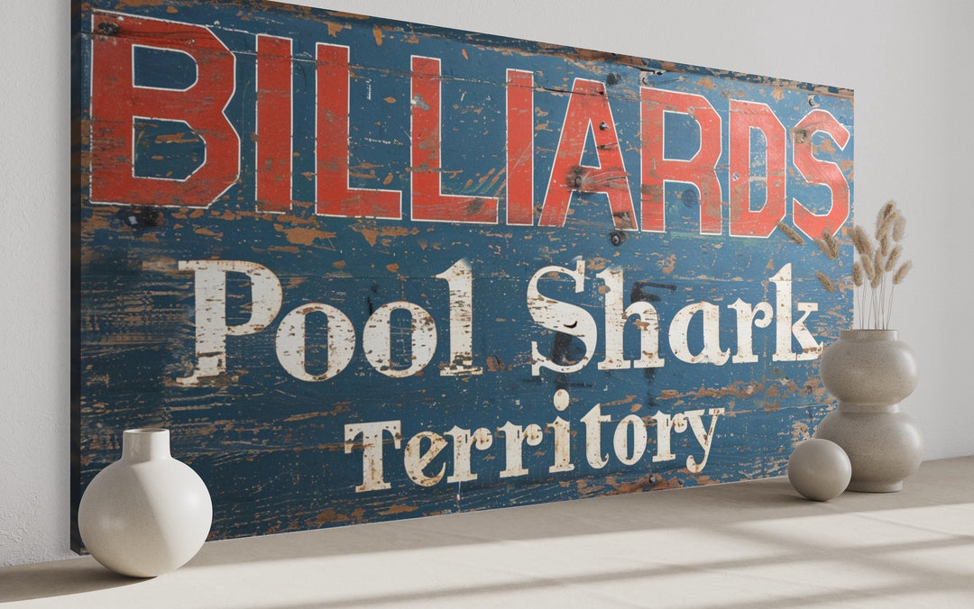 Vintage Billiards Sign canvas print with 'Pool Shark Territory' text in a retro game room setting.