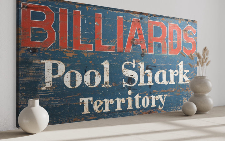 Vintage Billiards Sign canvas print with 'Pool Shark Territory' text in a retro game room setting.