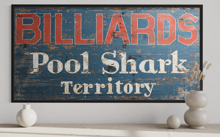Vintage Billiards Sign with Pool Shark Territory text on a distressed blue wood-style canvas.