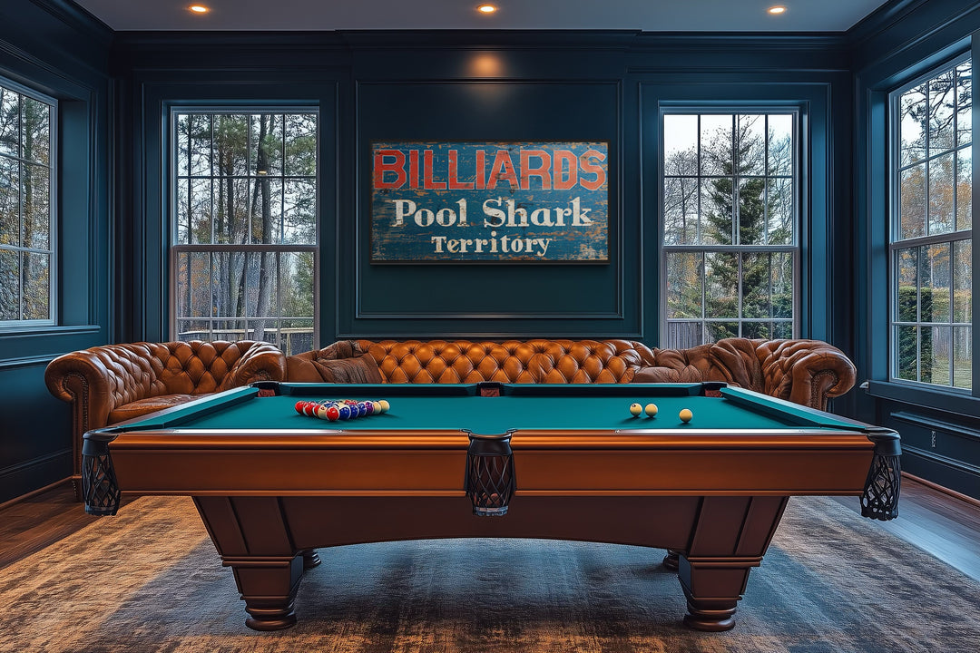 Vintage Billiards Sign with 'Pool Shark Territory' text on a wall above a pool table in a game room.