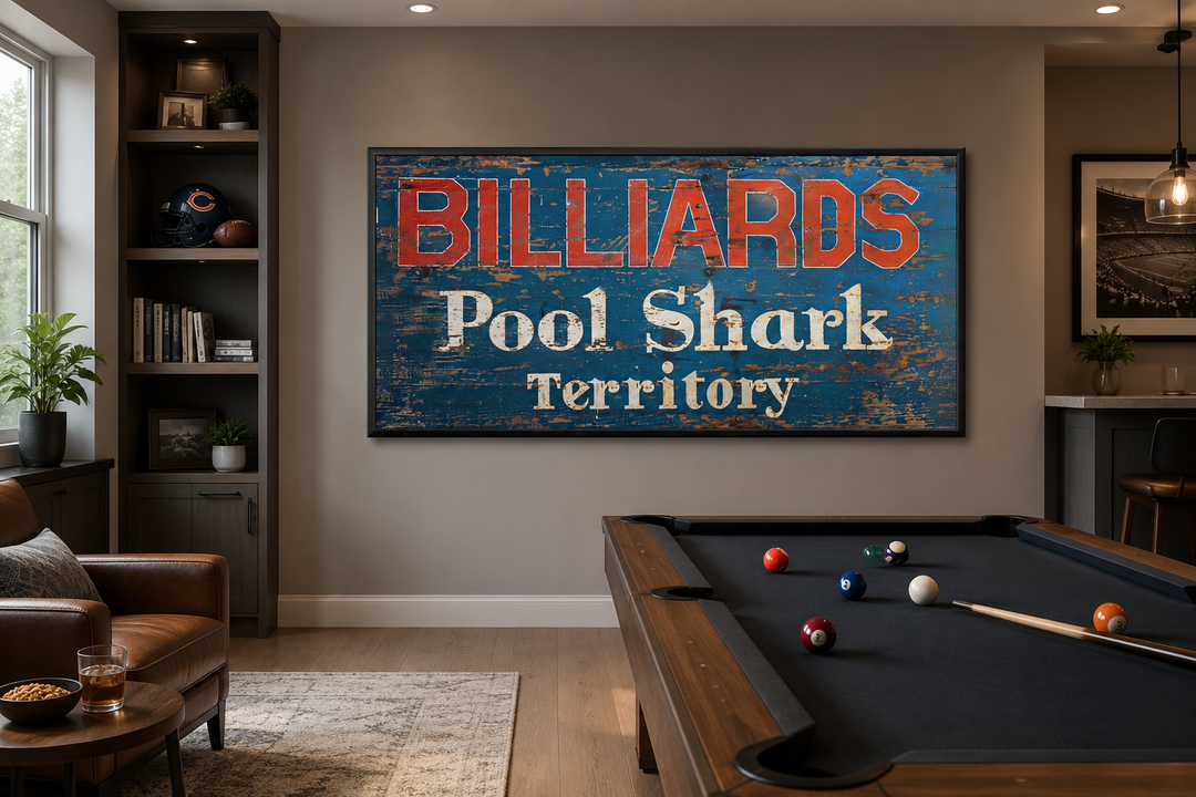 Vintage Billiards Pool Shark Territory retro sign canvas print in a modern game room setting.
