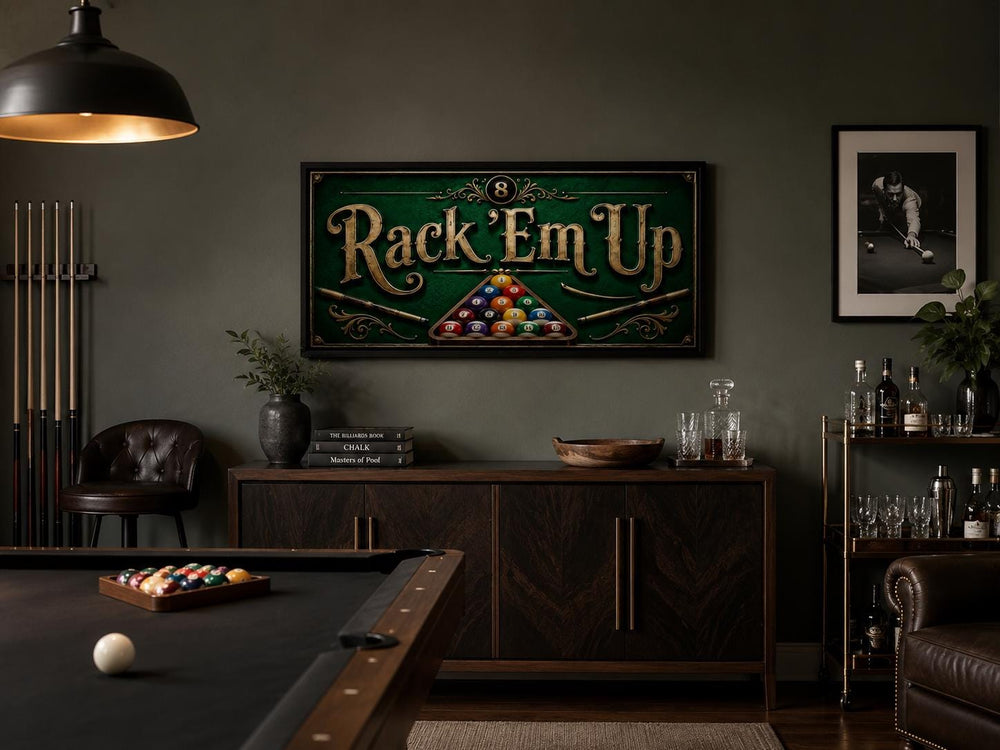 Vintage Rack 'Em Up billiards sign canvas on a dark wall above a sideboard in a classic game room.