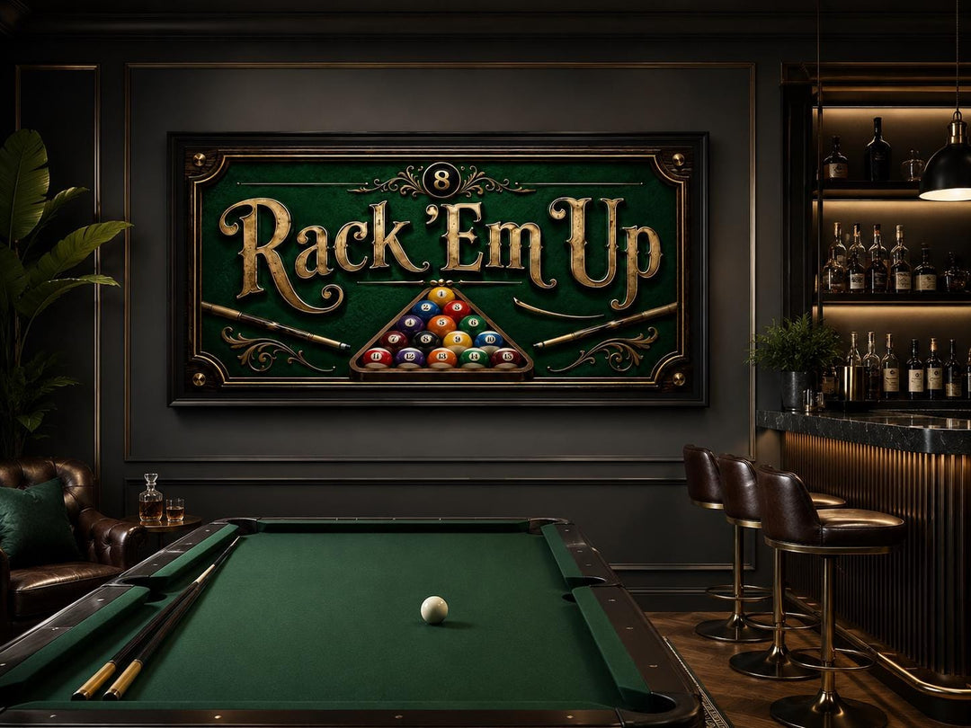 Vintage Rack 'Em Up billiards sign canvas art hanging in a classic game room above a pool table.