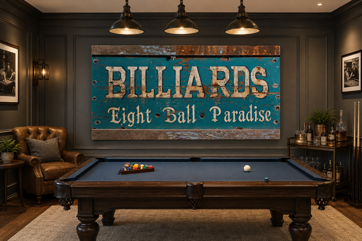 Vintage Billiards Eight Ball Paradise sign on a wall above a pool table in a classic game room.
