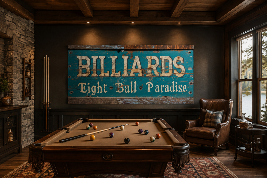 Vintage Billiards Eight Ball Paradise sign on a dark wall above a pool table in a rustic game room.