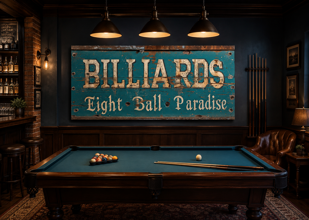 Vintage Billiards Eight Ball Paradise sign on a wall above a pool table in a classic game room.