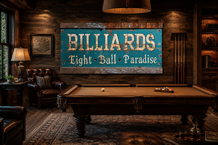 Vintage teal Billiards Eight Ball Paradise sign on a wood wall above a pool table in a game room.