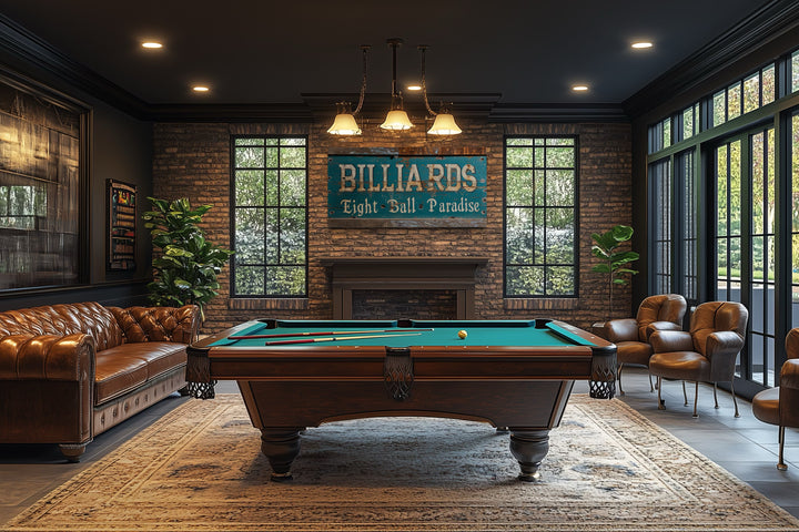 Vintage Billiards Eight Ball Paradise sign above a fireplace in a game room with a pool table.