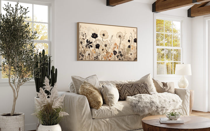 Wall Art For Bedroom - Vintage Black And Neutral Wildflowers Framed Canvas Wall Art For Farmhouse Decor