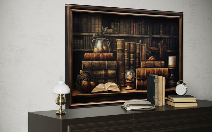 Vintage Book Shelf Painting Canvas Wall Art For Library Decor