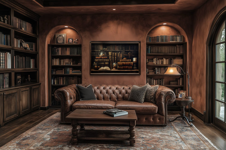 Vintage Book Shelf Painting Canvas Wall Art For Library Decor
