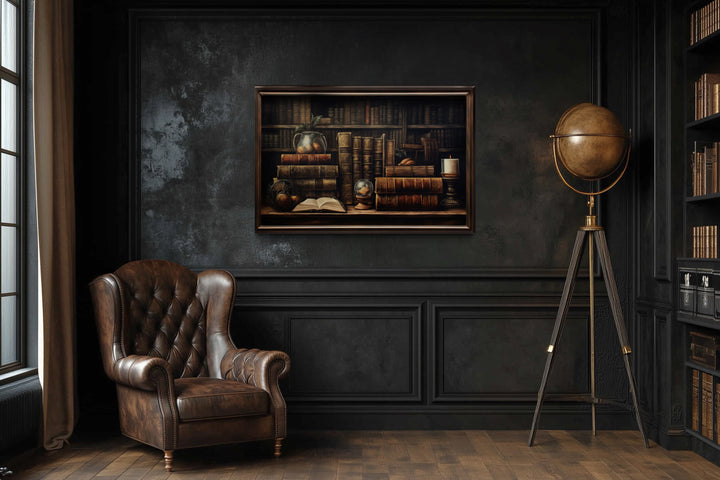 Vintage Book Shelf Painting Canvas Wall Art For Library Decor