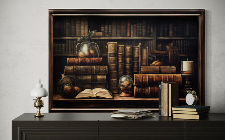 Vintage Book Shelf Painting Canvas Wall Art For Library Decor