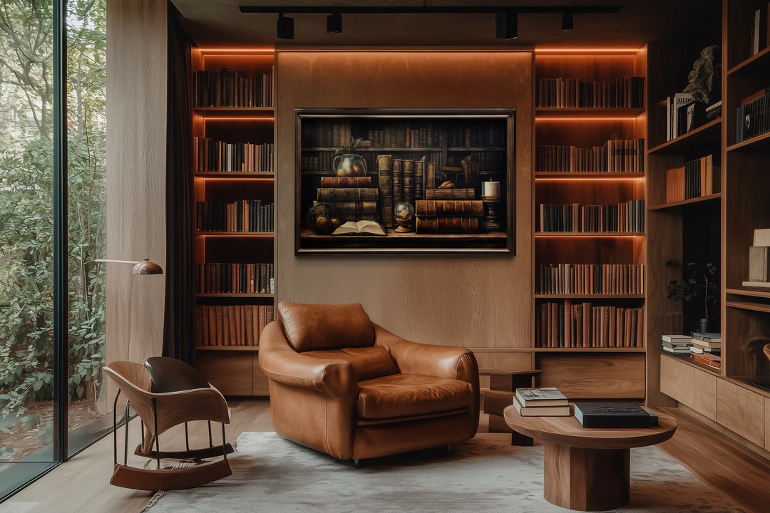 Vintage Book Shelf Painting Canvas Wall Art For Library Decor