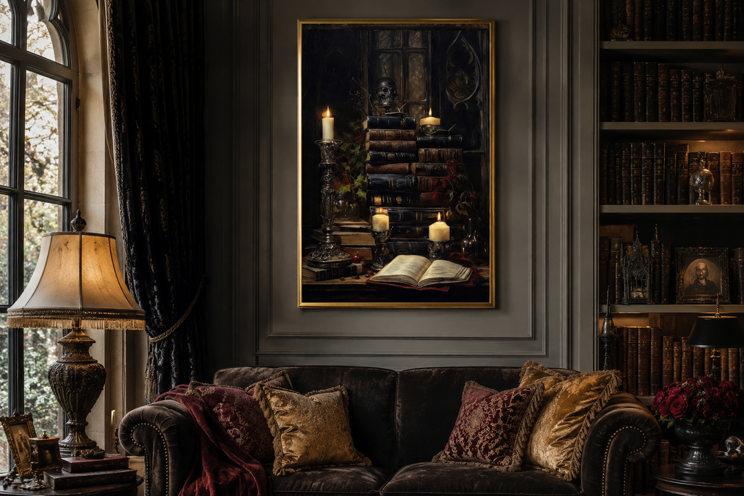 Gothic wall art of vintage books and glowing candles in a gold frame above a dark velvet sofa.