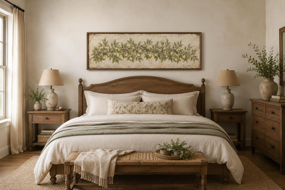 Long narrow vintage botanical canvas featuring a green apple branch above a wooden bed.
