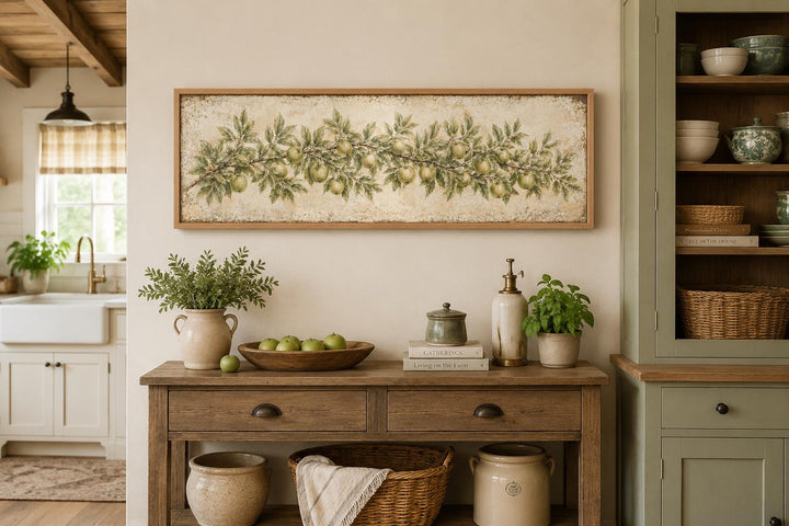 Long narrow vintage botanical canvas painting of a green apple branch above a farmhouse sideboard.