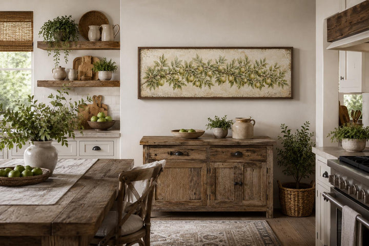 Long narrow vintage botanical canvas of a green apple branch in a rustic farmhouse kitchen.