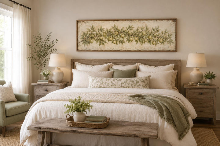 Long narrow vintage botanical canvas featuring a green apple branch above a farmhouse style bed.