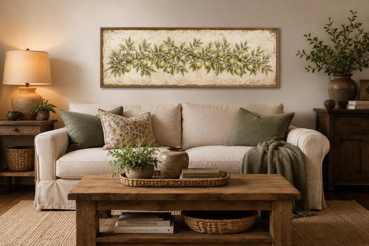 Long narrow vintage botanical canvas painting of a green apple branch above a neutral sofa.