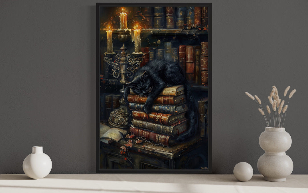 Library Wall Decor - Vintage Candlelit Books And Black Cat in Mystical Library Gothic Halloween Wall Art