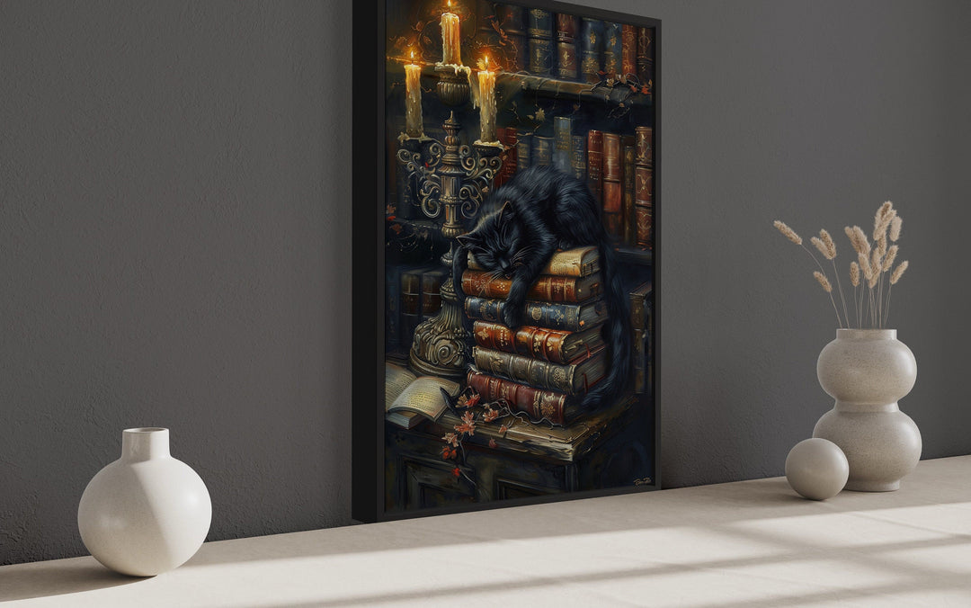 Library Wall Decor - Vintage Candlelit Books And Black Cat in Mystical Library Gothic Halloween Wall Art