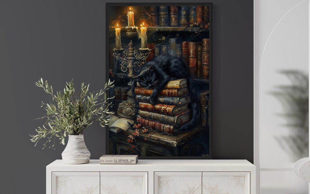 Vintage Candlelit Books And Black Cat in Mystical Library Gothic Halloween Wall Art