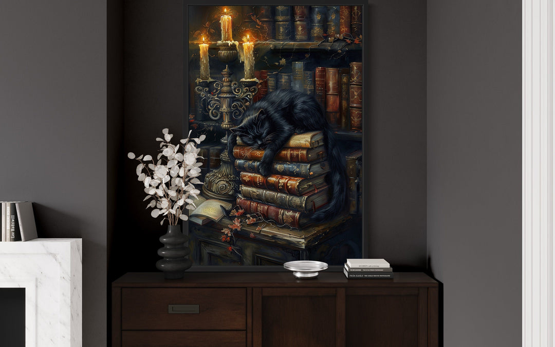 Library Wall Decor - Vintage Candlelit Books And Black Cat in Mystical Library Gothic Halloween Wall Art