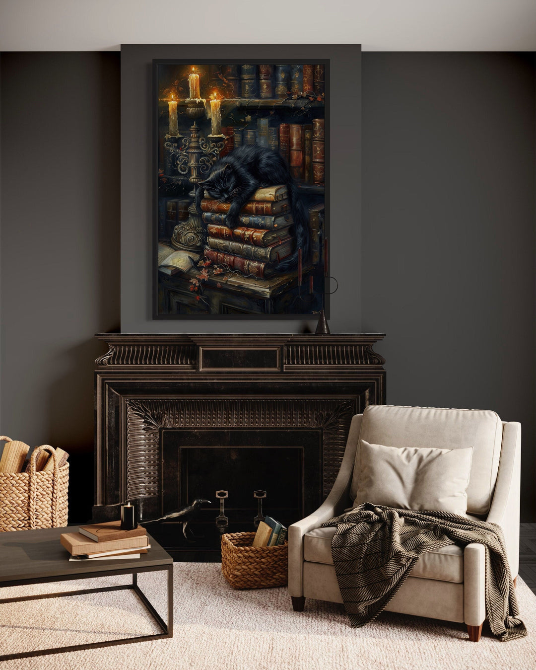 Library Wall Decor - Vintage Candlelit Books And Black Cat in Mystical Library Gothic Halloween Wall Art