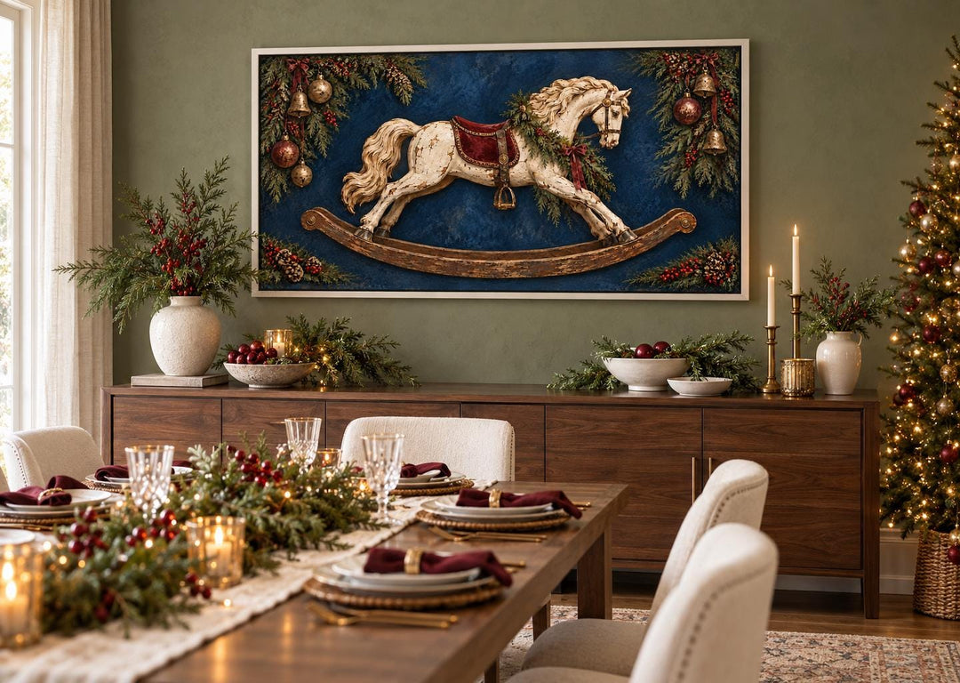 Vintage Christmas Distressed Ivory Rocking Horse Framed Canvas Wall Art above a dining sideboard.