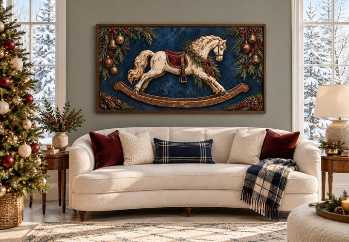 Vintage Christmas Distressed Ivory Rocking Horse Framed Canvas Wall Art above a cream sofa.