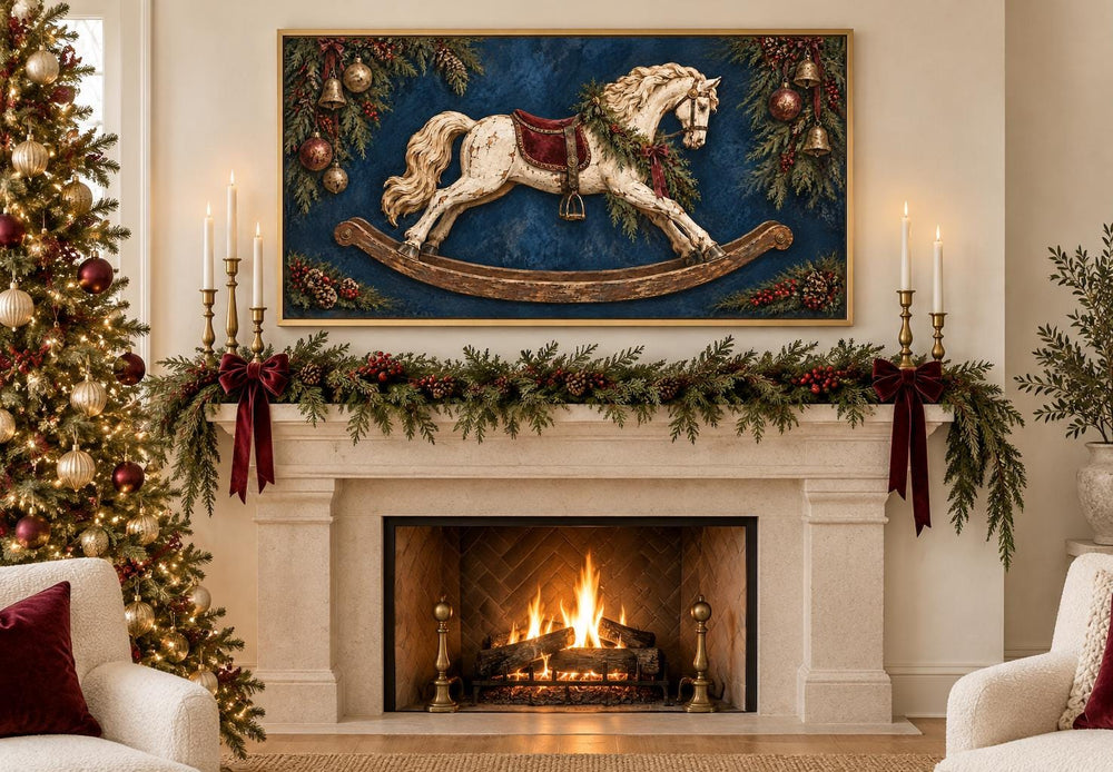 Vintage Distressed Ivory Rocking Horse Framed Canvas Wall Art above a decorated Christmas fireplace.