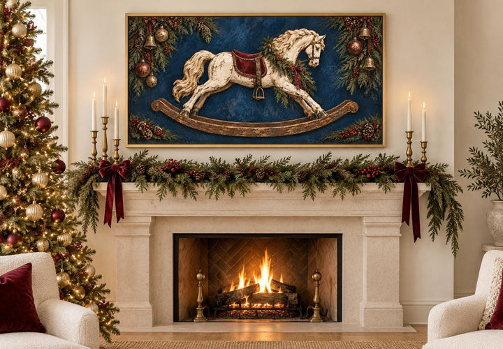 Vintage Distressed Ivory Rocking Horse Framed Canvas Wall Art above a decorated Christmas fireplace.