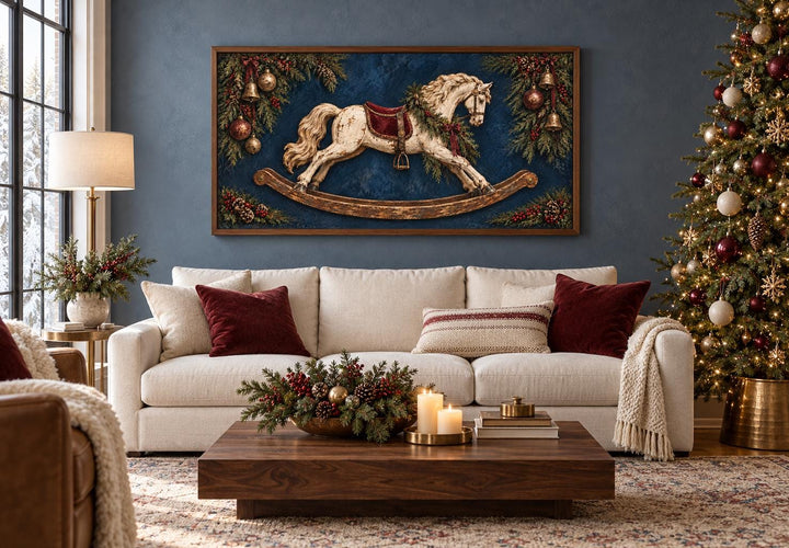 Vintage Distressed Ivory Rocking Horse Framed Canvas Wall Art above a sofa in a Christmas room.
