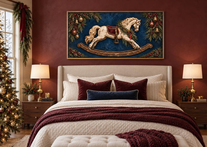Vintage Christmas Distressed Ivory Rocking Horse Framed Canvas Wall Art above a decorated bed.