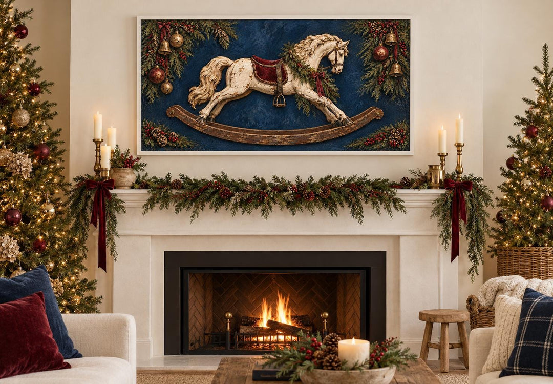 Vintage Distressed Ivory Rocking Horse Framed Canvas Wall Art above a decorated fireplace mantle.