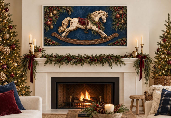 Vintage Distressed Ivory Rocking Horse Framed Canvas Wall Art above a decorated fireplace mantle.