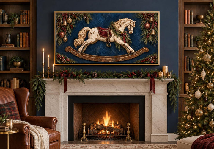 Vintage Distressed Ivory Rocking Horse Framed Canvas Wall Art hanging above a decorated fireplace.