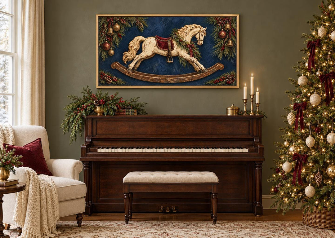 Vintage Christmas Distressed Ivory Rocking Horse Framed Canvas Wall Art above a piano.