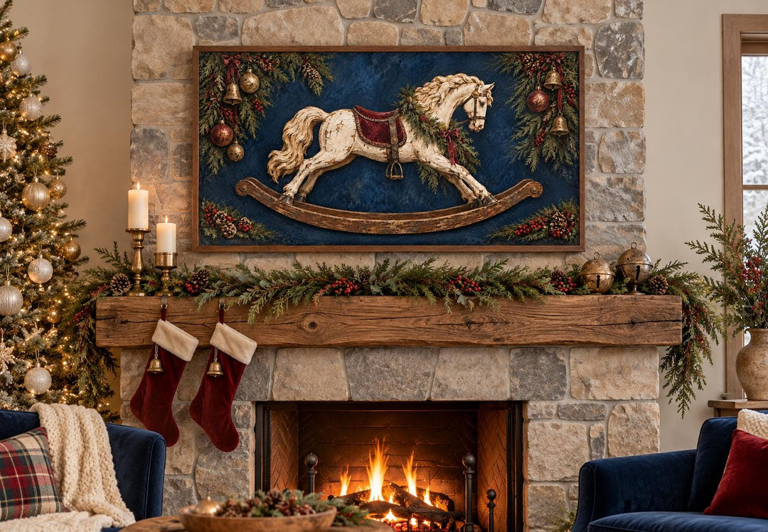 Vintage Distressed Ivory Rocking Horse Framed Canvas Wall Art above a decorated fireplace mantel.