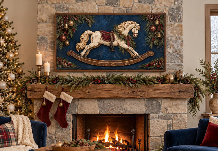 Vintage Distressed Ivory Rocking Horse Framed Canvas Wall Art above a decorated fireplace mantel.