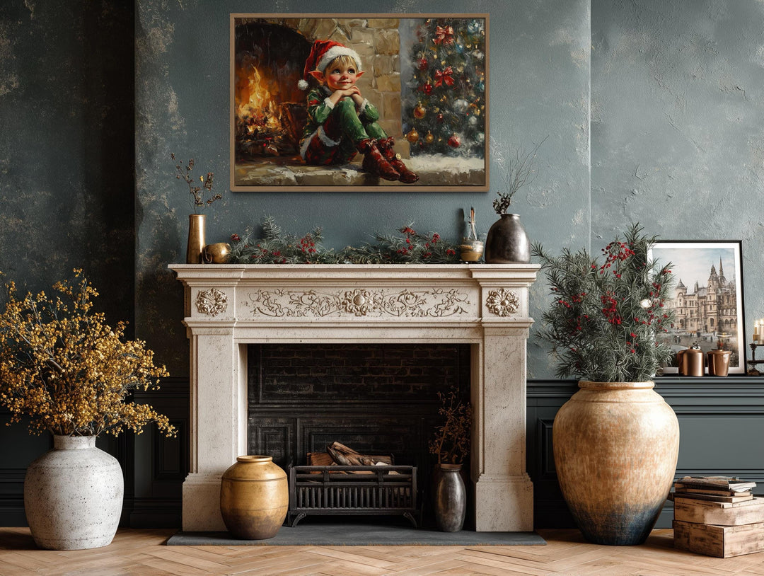 Vintage Christmas Elf by Fireplace Canvas Wall Art